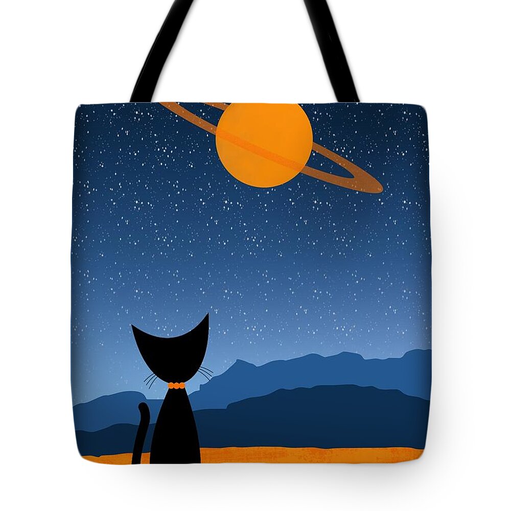  Tote Bag featuring the digital art Outer Space Cat Admires Ringed Planet 2 by Donna Mibus
