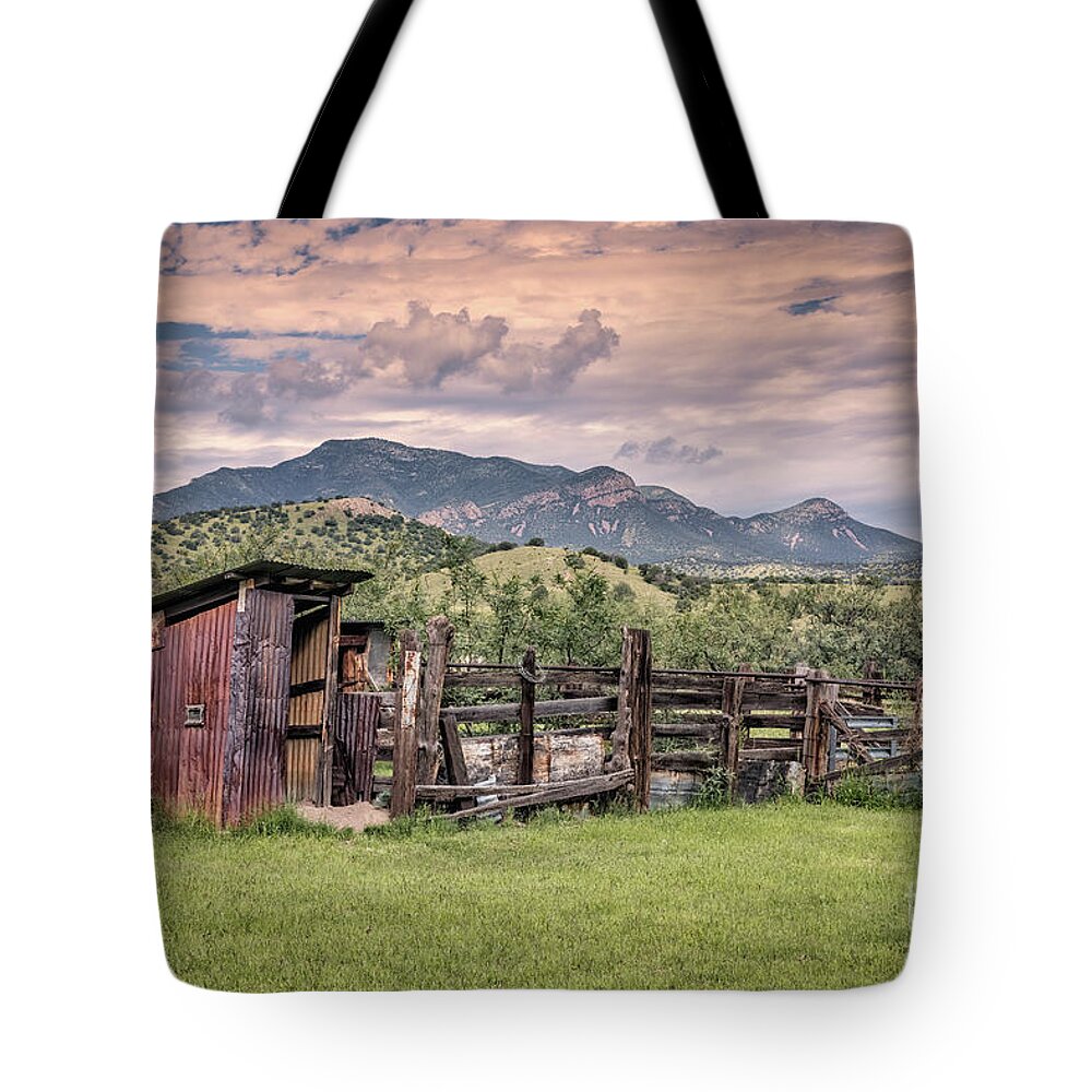 Abandoned Tote Bag featuring the photograph Outhouse And Corrals by Al Andersen