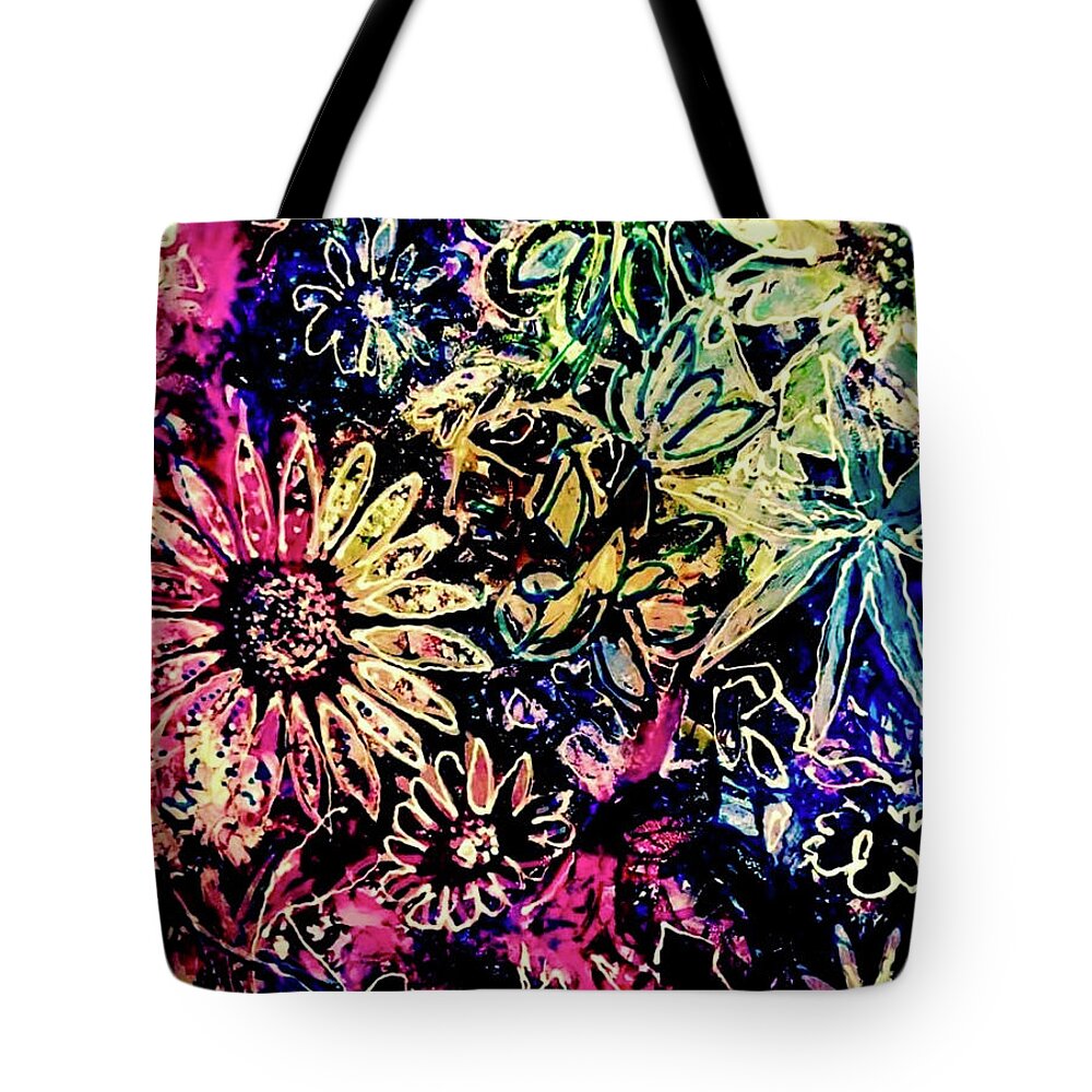 #colorful #flowers #alcohol Ink #leap4artnc #abstract #pink #blue #turquoise #green #petals Tote Bag featuring the painting Outlining Spring by Tommy McDonell