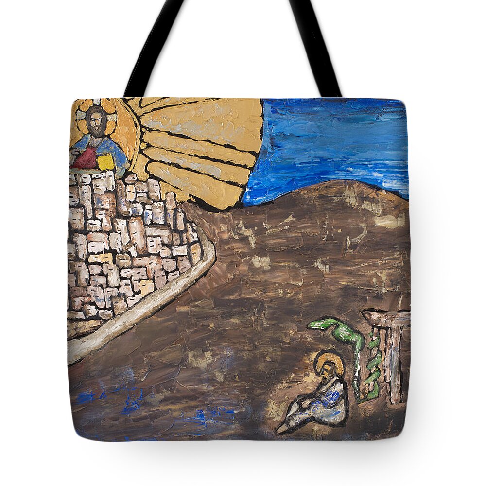 Religious Tote Bag featuring the painting Outside by Nick Ferszt
