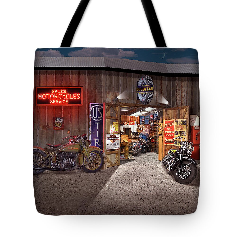 Motorcycle Shop Tote Bag featuring the photograph Outside the Motorcycle Shop by Mike McGlothlen