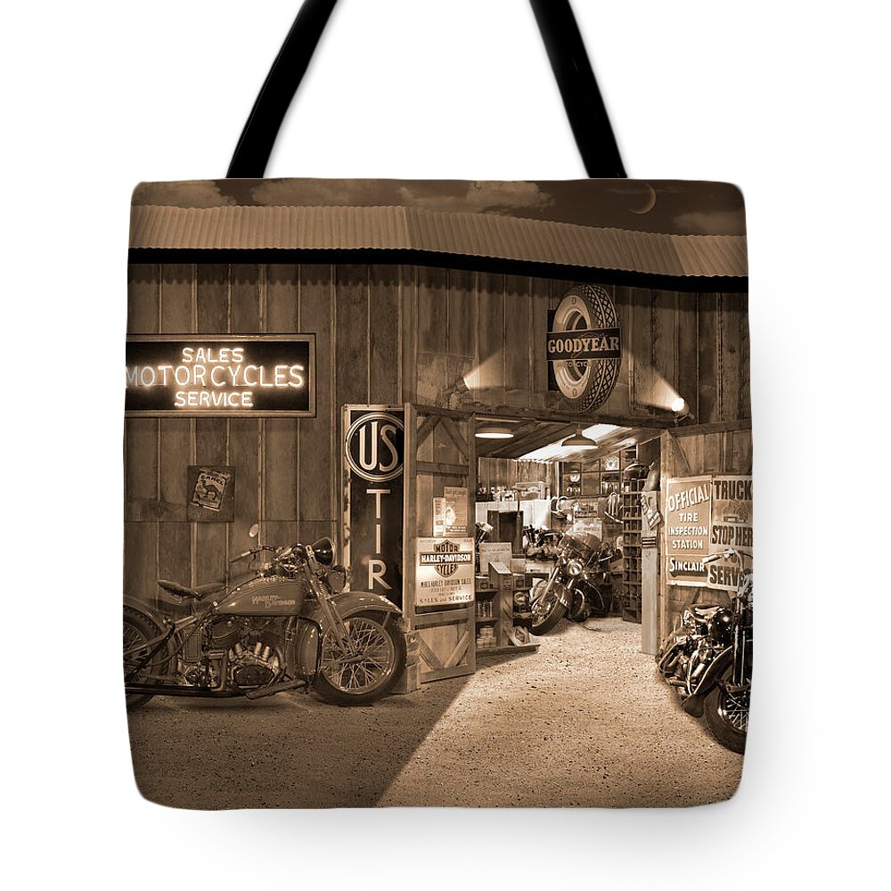 Motorcycle Tote Bag featuring the photograph Outside The Old Motorcycle Shop - Spia by Mike McGlothlen
