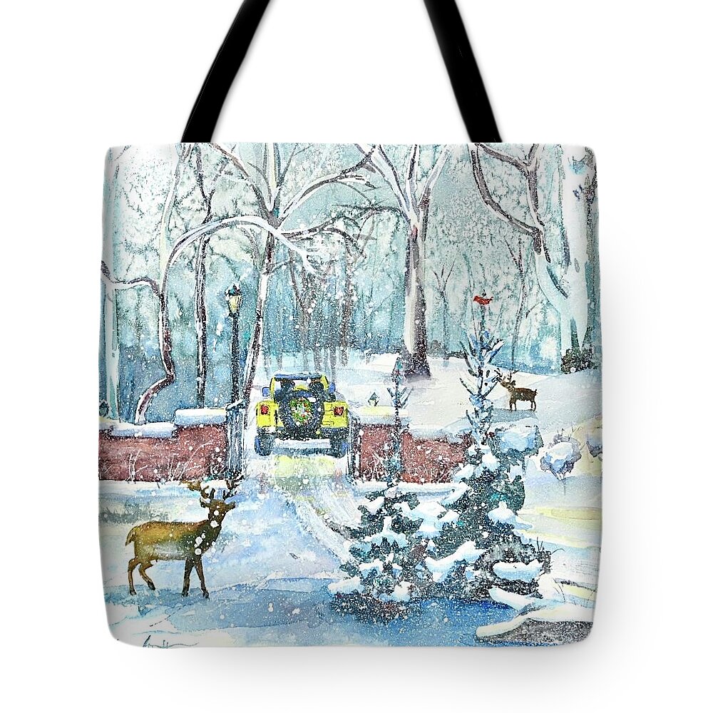 Christmas Tote Bag featuring the painting Over the River And Through The Woods by Cheryl Prather