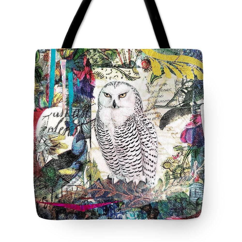 Snowy Owl Tote Bag featuring the mixed media Owl Laureate by Deborah Cherrin