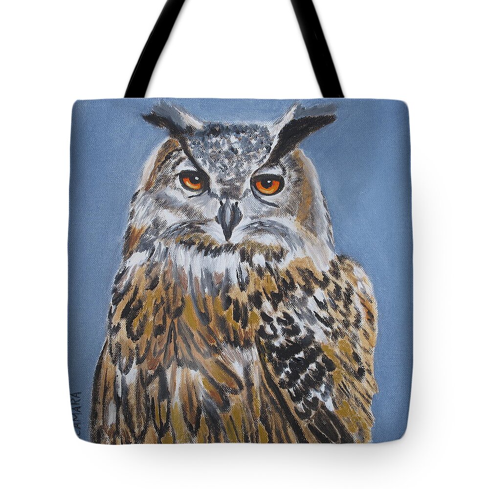 Pets Tote Bag featuring the painting Owl Orange Eyes by Kathie Camara