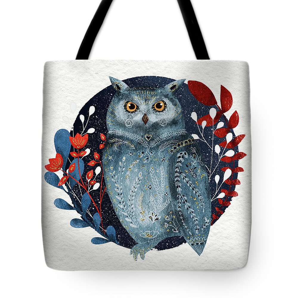 Owl Tote Bag featuring the painting Owl With Flowers by Modern Art