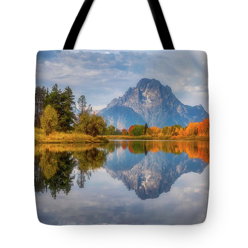 Mount Moran Tote Bag featuring the photograph Oxbow Autumn Pano by Darren White