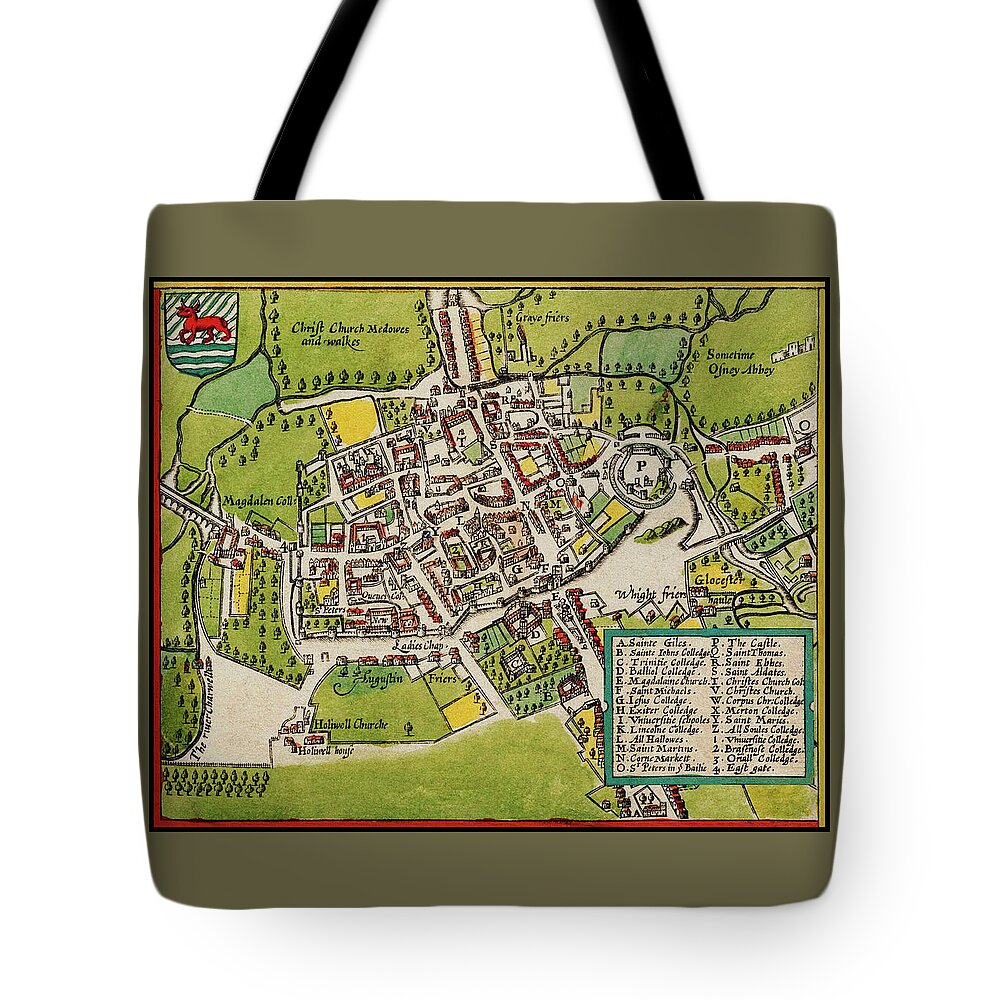 Oxford Tote Bag featuring the photograph Oxford England Vintage Map 1605 by Carol Japp