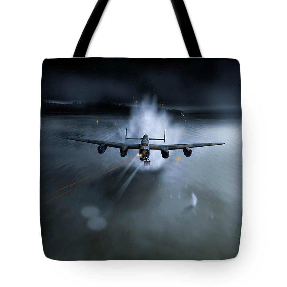 Dambusters Tote Bag featuring the photograph P-Popsie attacking the Mohne Dam by Gary Eason