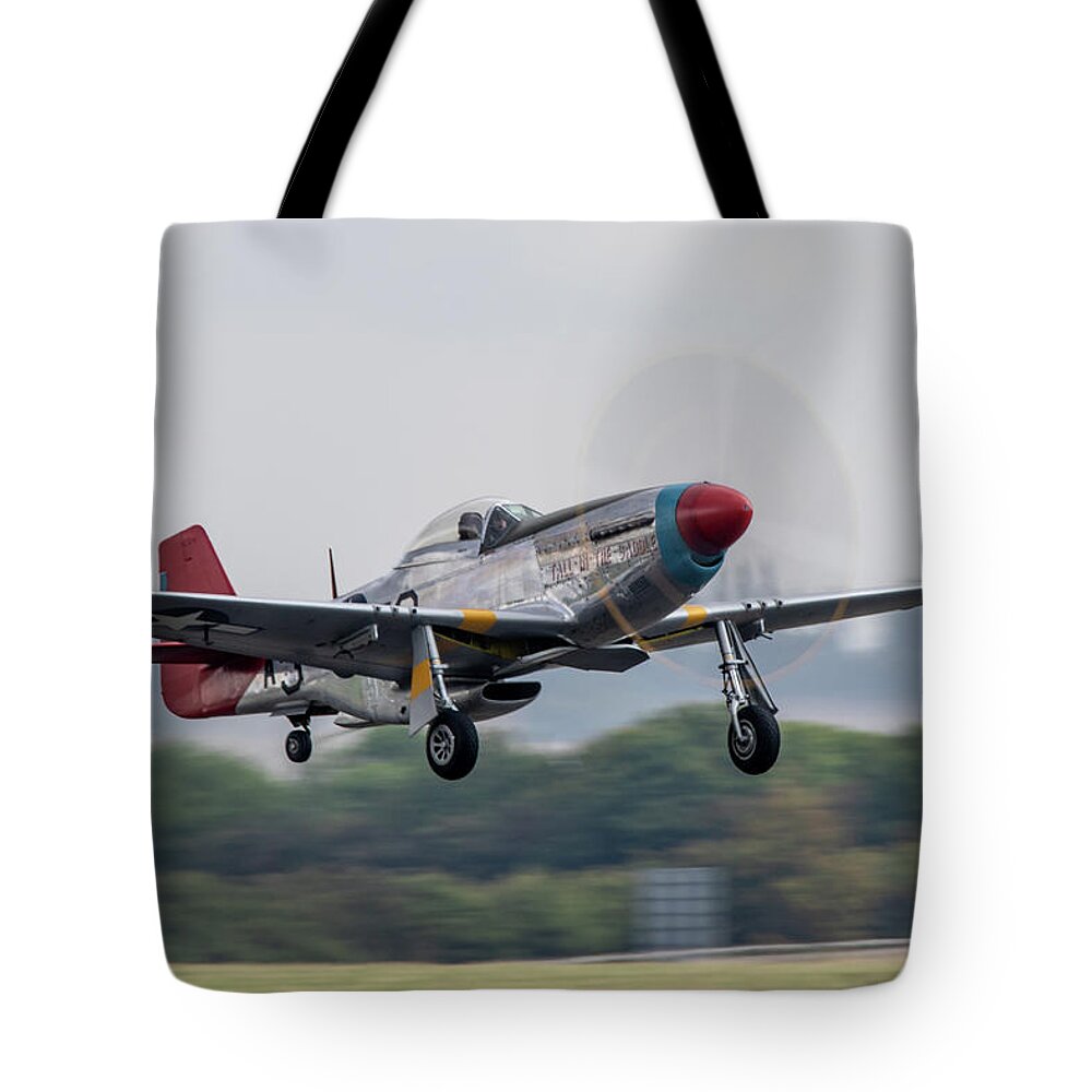 North American P 51 Mustang Tote Bag featuring the digital art P51 Mustang Tall In The Saddle by Airpower Art