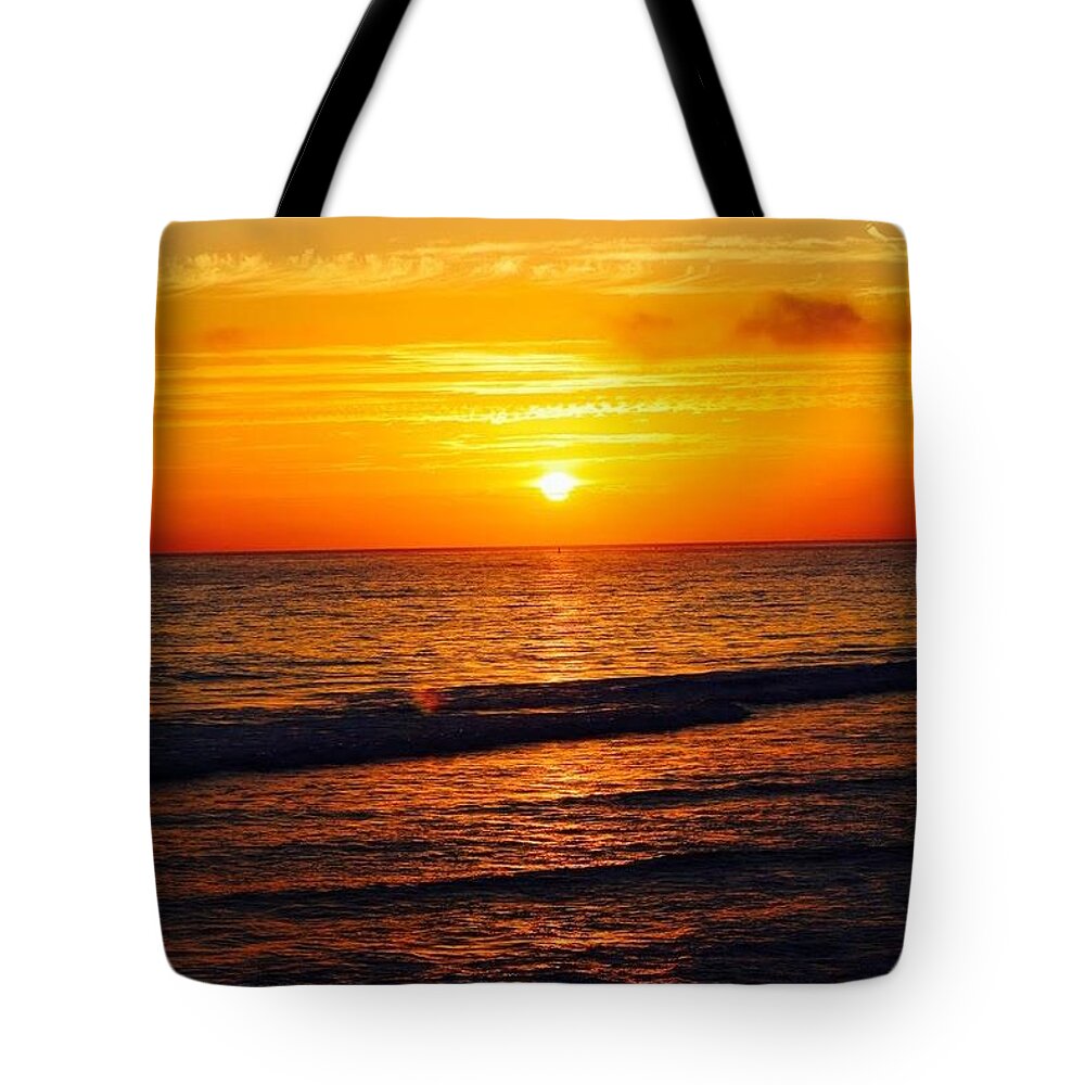 Pacific Ocean Beach Sky Yellow Orange Purple Water Black Waves Yellow Reflection Tote Bag featuring the digital art Pacific Beach at Sunset by Kathleen Boyles