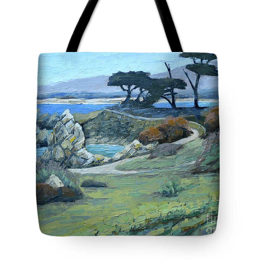 Monterey Tote Bag featuring the painting Pacific Grove Cypress by PJ Kirk