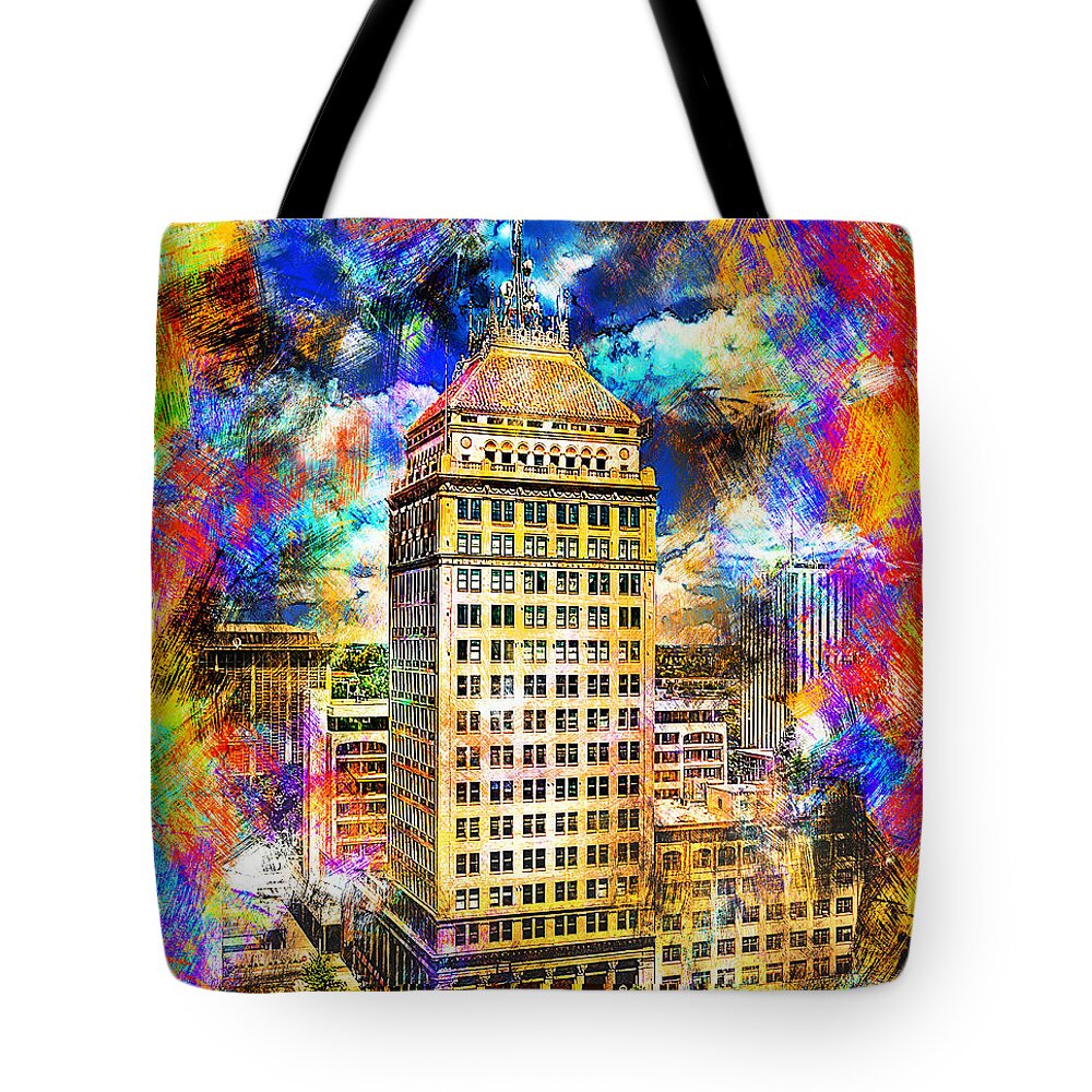 Pacific Southwest Building Tote Bag featuring the digital art Pacific Southwest Building in Fresno - colorful painting by Nicko Prints