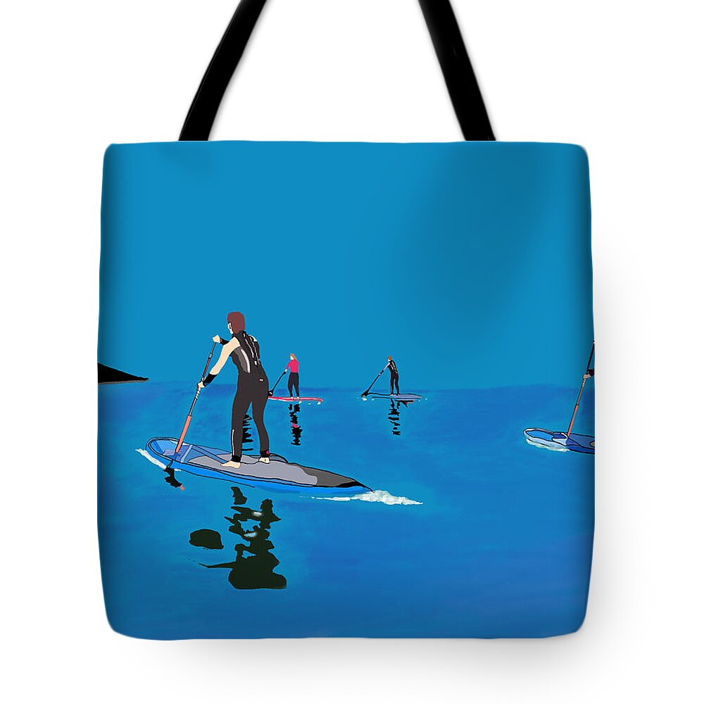 Paddle Tote Bag featuring the digital art Paddle Boarders at Lossiemouth by John Mckenzie