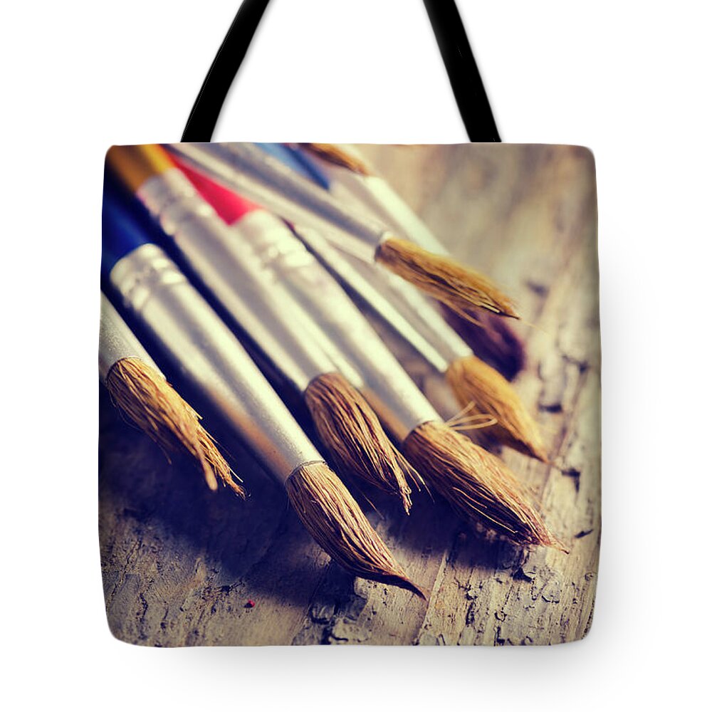 Art Tote Bag featuring the photograph Paint Brushes closeup by Jelena Jovanovic