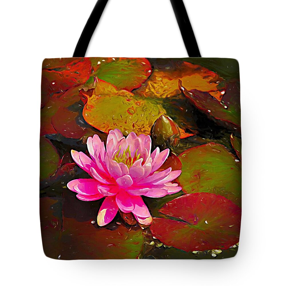 Flora Tote Bag featuring the mixed media Painted Pink Water Lily by Joan Stratton