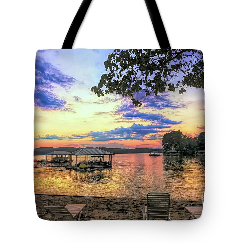 Sunset Tote Bag featuring the photograph Painted Sky at Lake Keowee by Amy Dundon