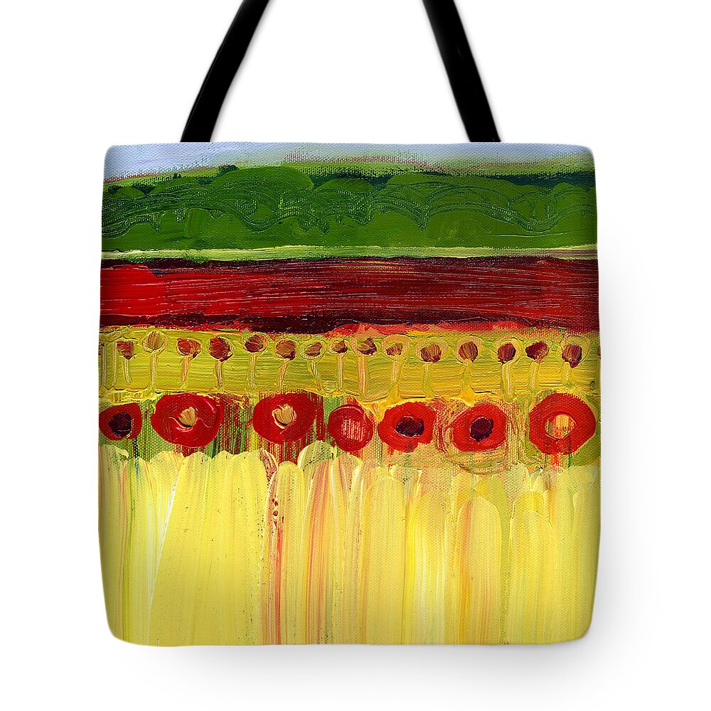 Abstract Tote Bag featuring the painting Skagit Fields in Red No 3 by Jennifer Lommers