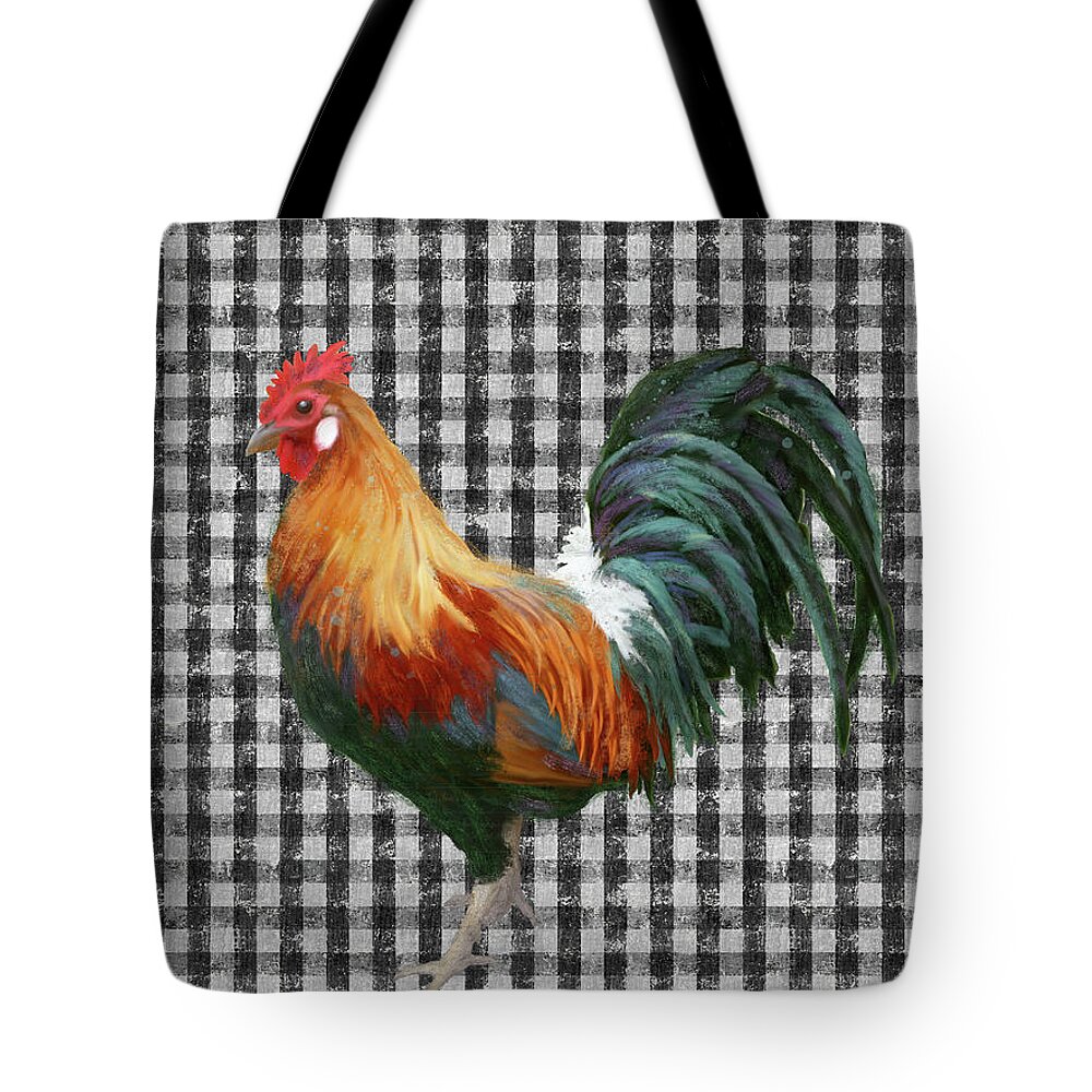 Black And White Tote Bag featuring the painting Painterly Black and White Rooster over Gingham Farmhouse Decor by Audrey Jeanne Roberts