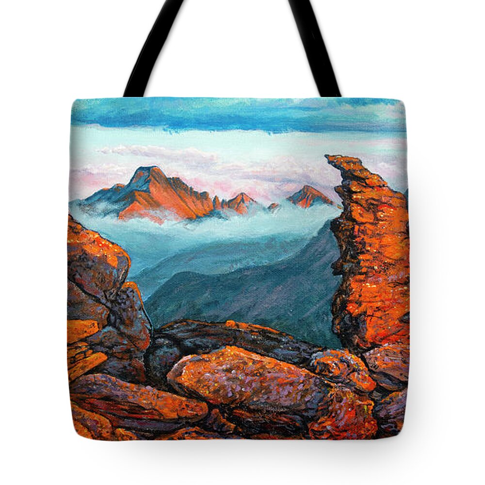 Rocky Mountain National Park Tote Bag featuring the painting Painting - Longs Peak and Rock Cut Sunset by Aaron Spong