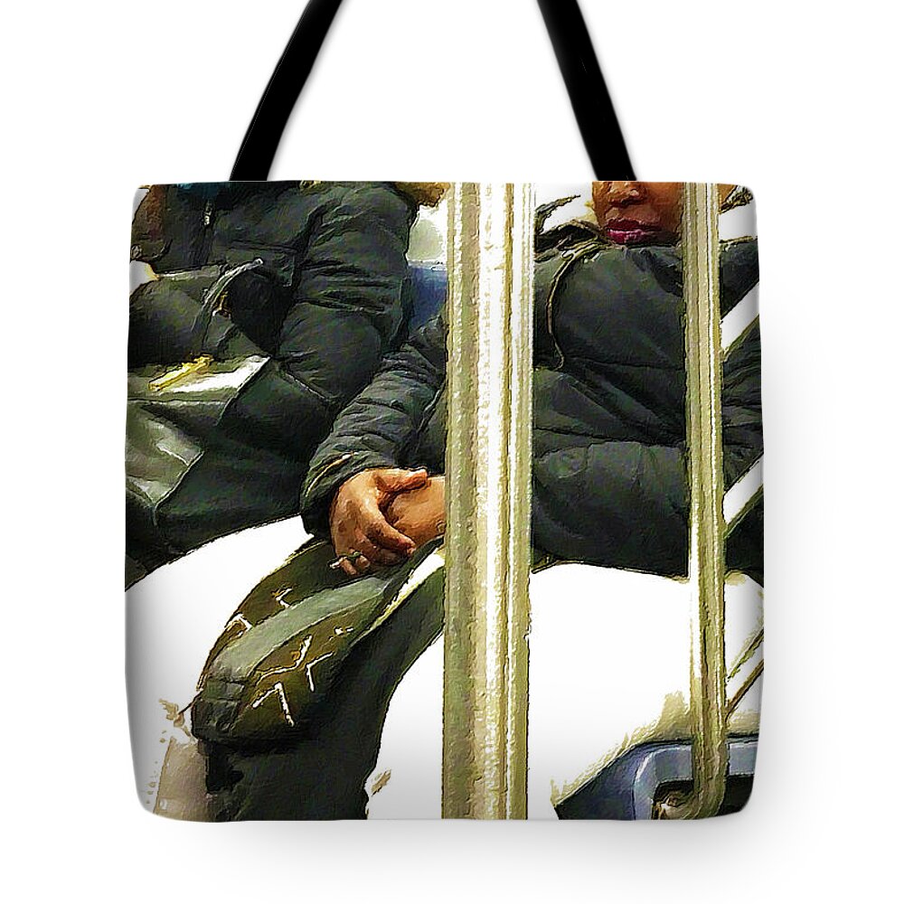City Tote Bag featuring the painting Painting On The New York City Subway Women by Tony Rubino