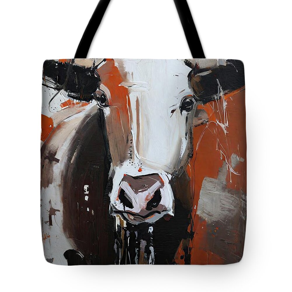 Art Tote Bag featuring the painting Painting Rustic Cow art illustration animal mamma by N Akkash