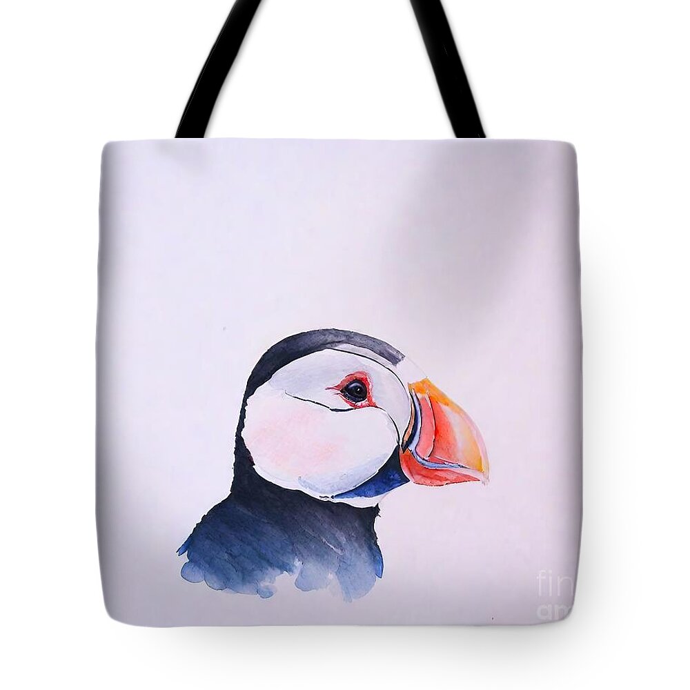 Bird Tote Bag featuring the painting Painting Shearwater Puffin De L Atlantique bird i by N Akkash