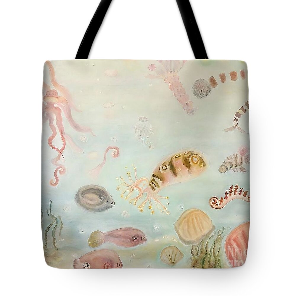 Sea Tote Bag featuring the painting Painting Tesoros Ocultos sea underwater backgroun by N Akkash