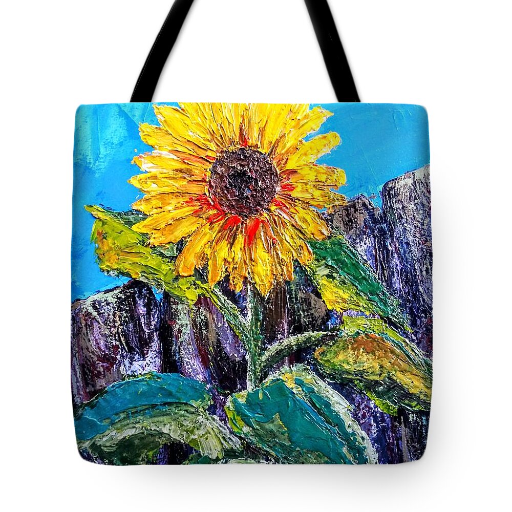 Sunflower Tote Bag featuring the painting Palette Knife Sunflower by Beverly Boulet