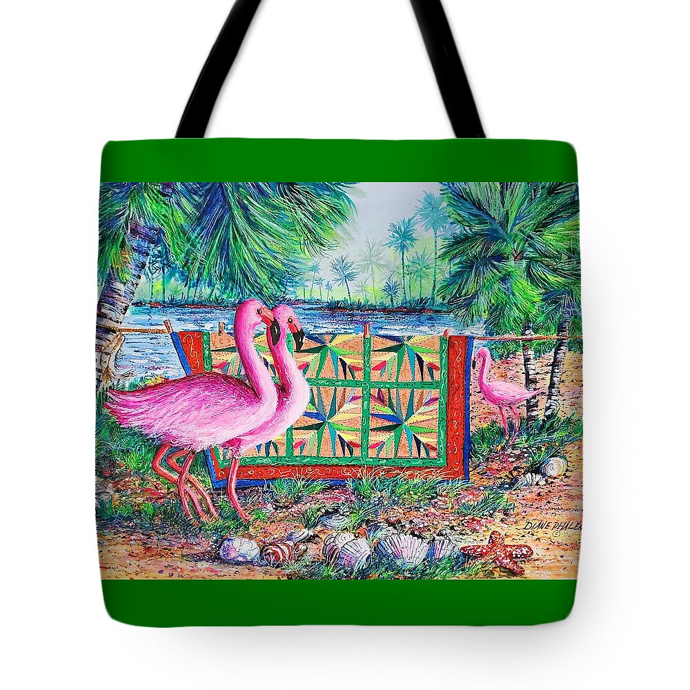 Palm Quilt Tote Bag featuring the painting Palm Quilt Flamingos by Diane Phalen