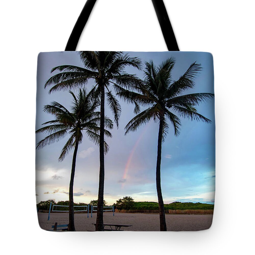 Rainbow Tote Bag featuring the photograph Palm Tree Rainbow, South Beach, Miami, Florida by Beachtown Views