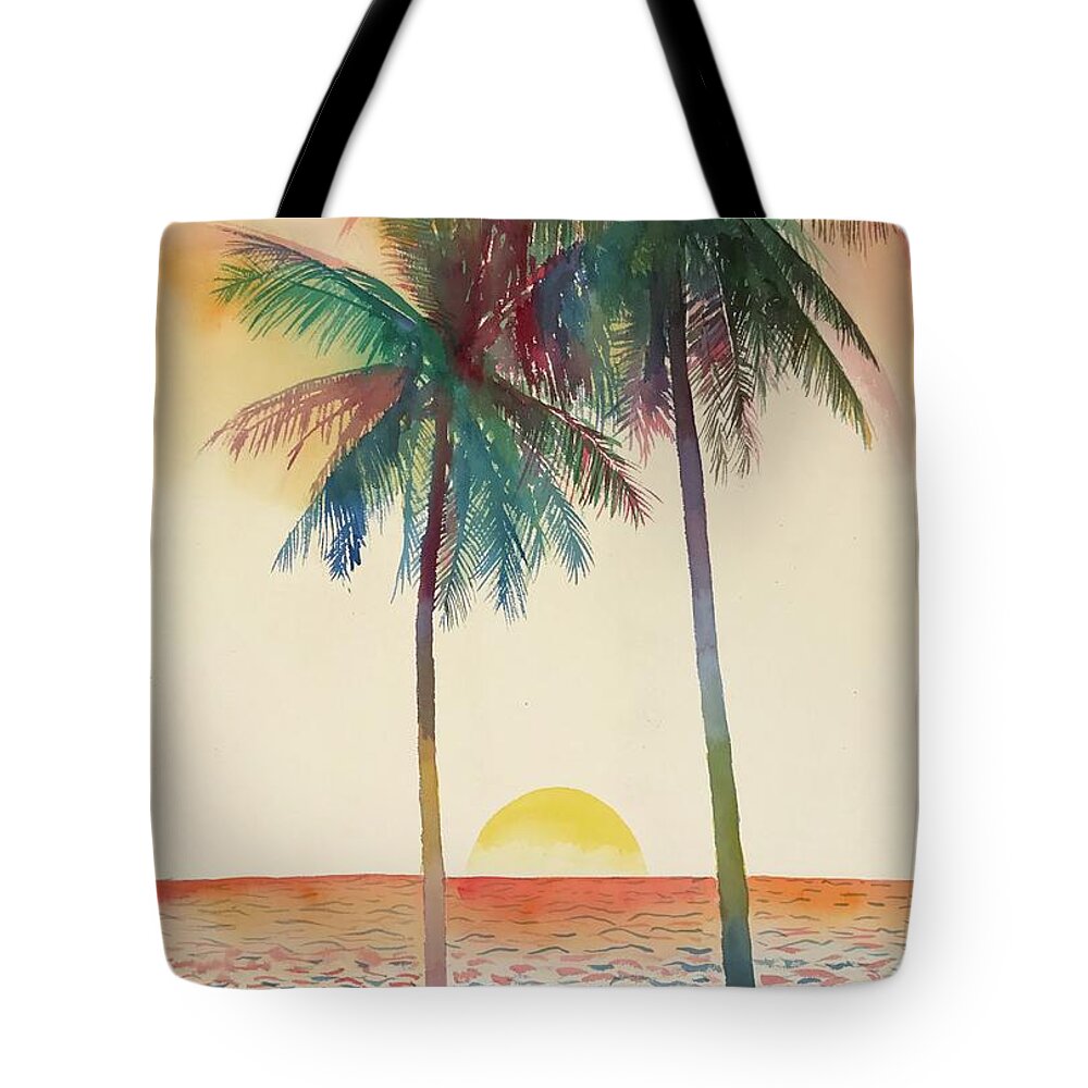 #palmtrees #palm #trees #ocean #sunset #mexico #beach #glenneff #thesoundpoetsmusic #picturerockstudio #watercolor #watercolorpainting #beachchairs #tranquil Tote Bag featuring the painting Palm Trees Beach Sunset by Glen Neff