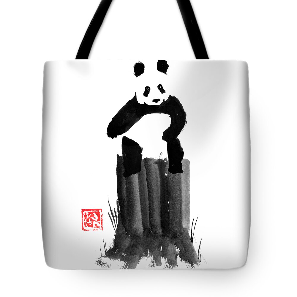 Panda Tote Bag featuring the drawing Panda On His Tree by Pechane Sumie