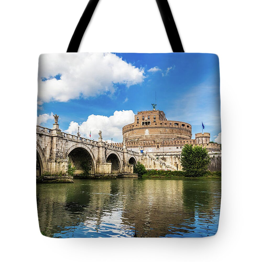 Castel Sant'angelo Tote Bag featuring the photograph Panorama of Castel Sant'Angelo and the Tiber river by Fabiano Di Paolo