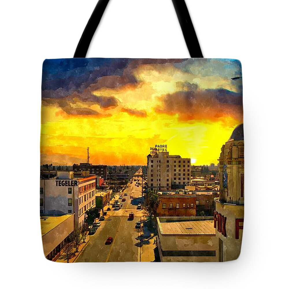 Bakersfield Tote Bag featuring the digital art Panorama of downtown Bakersfield, California - watercolor painting by Nicko Prints