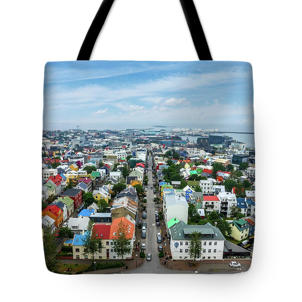 Reykjavik Tote Bag featuring the photograph Panorama of Reykjavik, Iceland by Delphimages Photo Creations