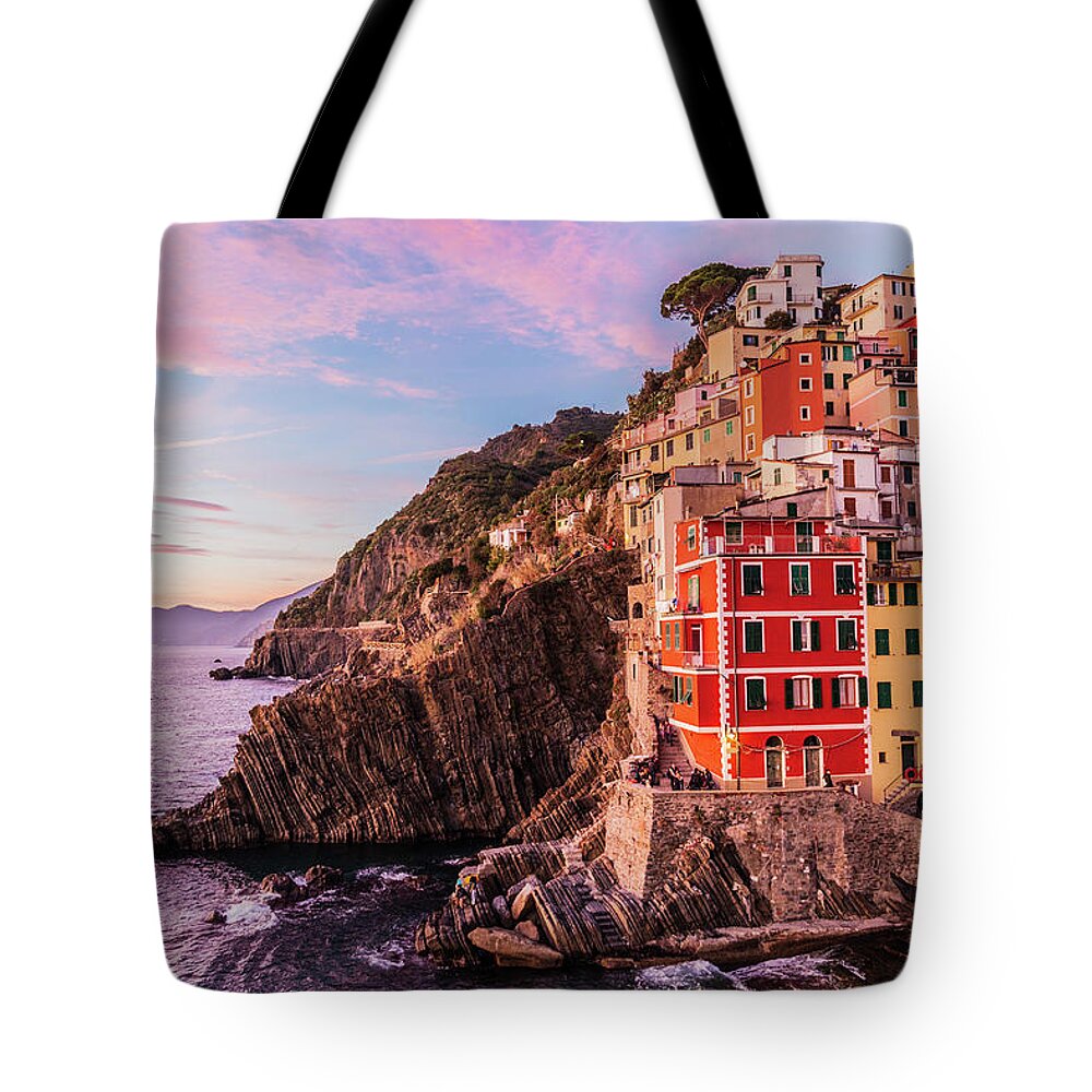 Sunset Tote Bag featuring the photograph Panorama of Riomaggiore by Fabiano Di Paolo
