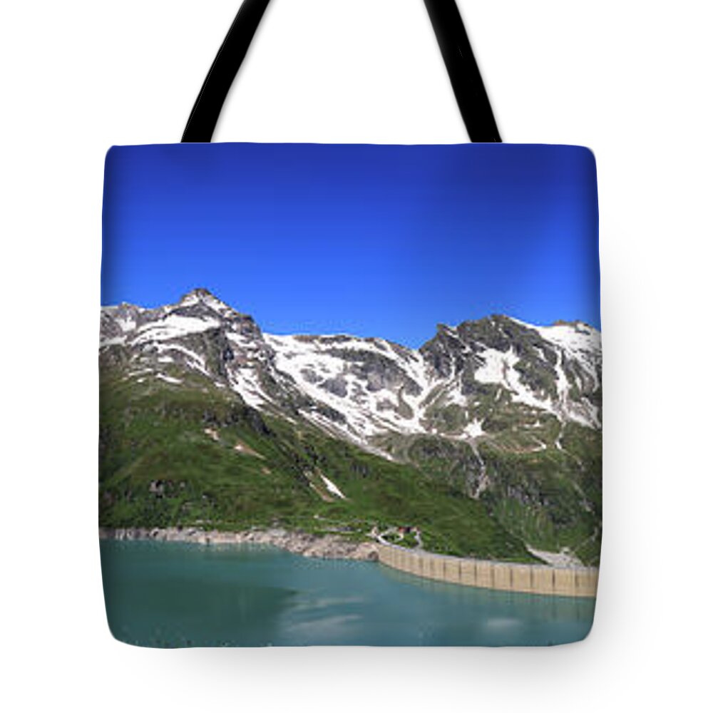Vacation Tote Bag featuring the photograph Panorama of Austrian dam Stausee Mooserboden by Vaclav Sonnek
