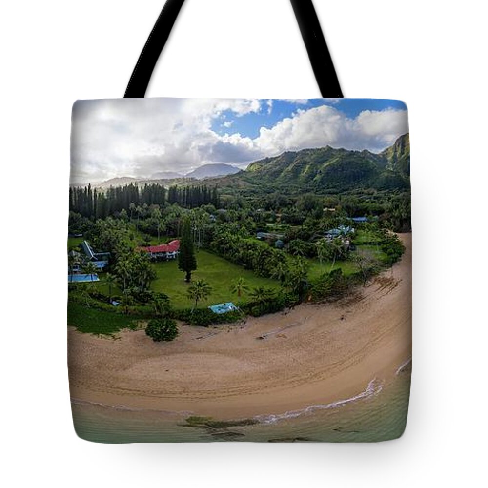 Kauai Tote Bag featuring the photograph Panoramic drone shot of Tunnels Beach on the north shore of Kauai i by Steven Heap