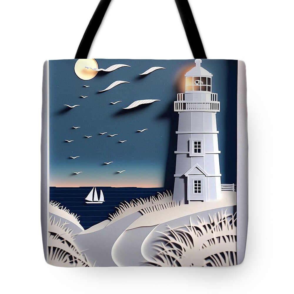 Nantucket Tote Bag featuring the digital art Paper Lighthouse by Nickleen Mosher