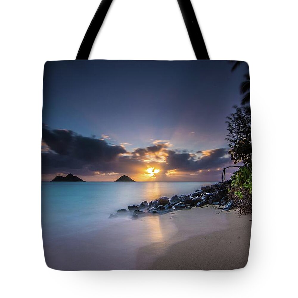 Sunrise Tote Bag featuring the photograph Paradise at Lanikai by Larkin's Balcony Photography