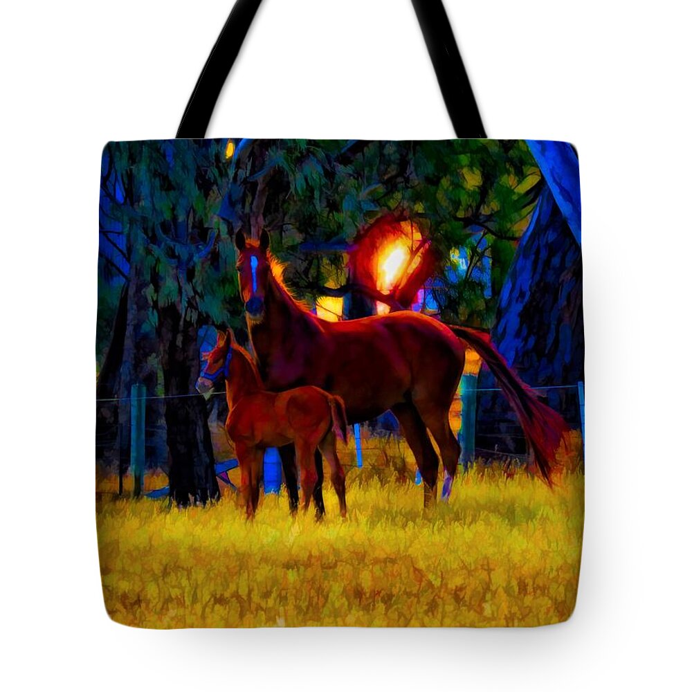 Horse Tote Bag featuring the mixed media Paris And Foal At Sunset by Joan Stratton