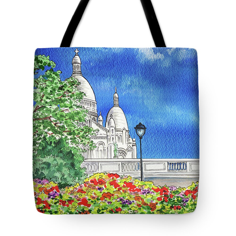 Sacre Coeur Tote Bag featuring the painting Paris France Sacre Coeur Cathedral Watercolor by Irina Sztukowski