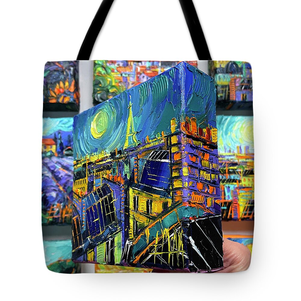 Paris Roofs By Moonlight Tote Bag featuring the painting PARIS ROOFS BY MOONLIGHT - 3D canvas painted edges right side by Mona Edulesco