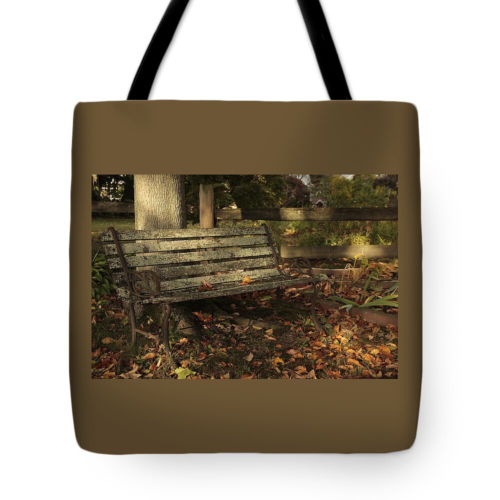Nobody Tote Bag featuring the photograph Park Bench and Autumn Leaves by Valerie Collins