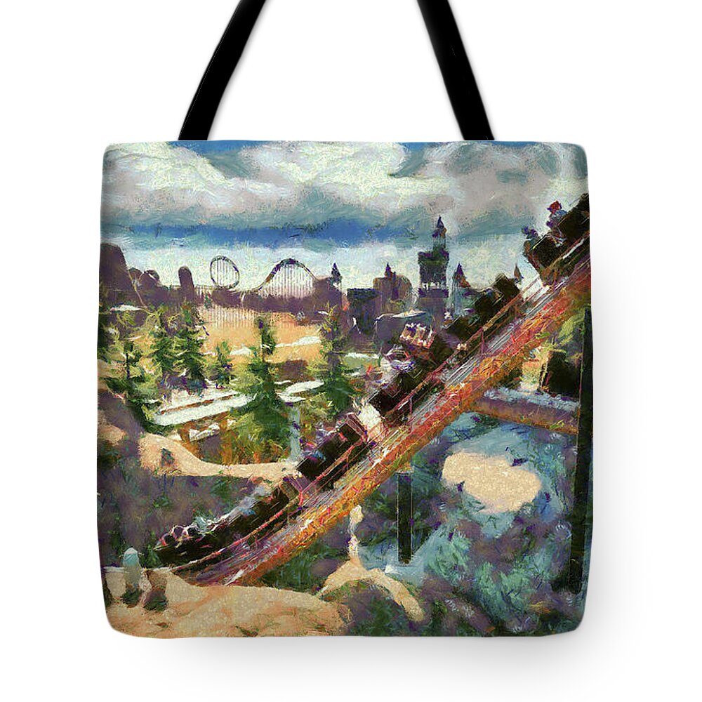 Theme Park Miners Train Tote Bag featuring the digital art Park Miners' Train by Caito Junqueira