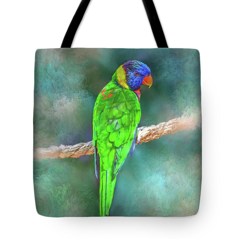 Bird Tote Bag featuring the mixed media Parrot Bird 80 by Lucie Dumas