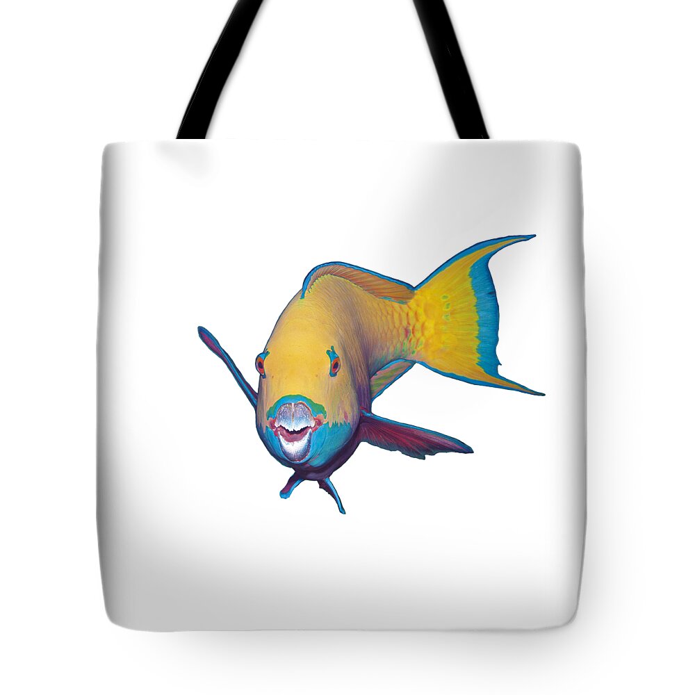 Heavybeak Parrotfish Tote Bag featuring the mixed media Parrotfish - Eye catching make up on white background - by Ute Niemann