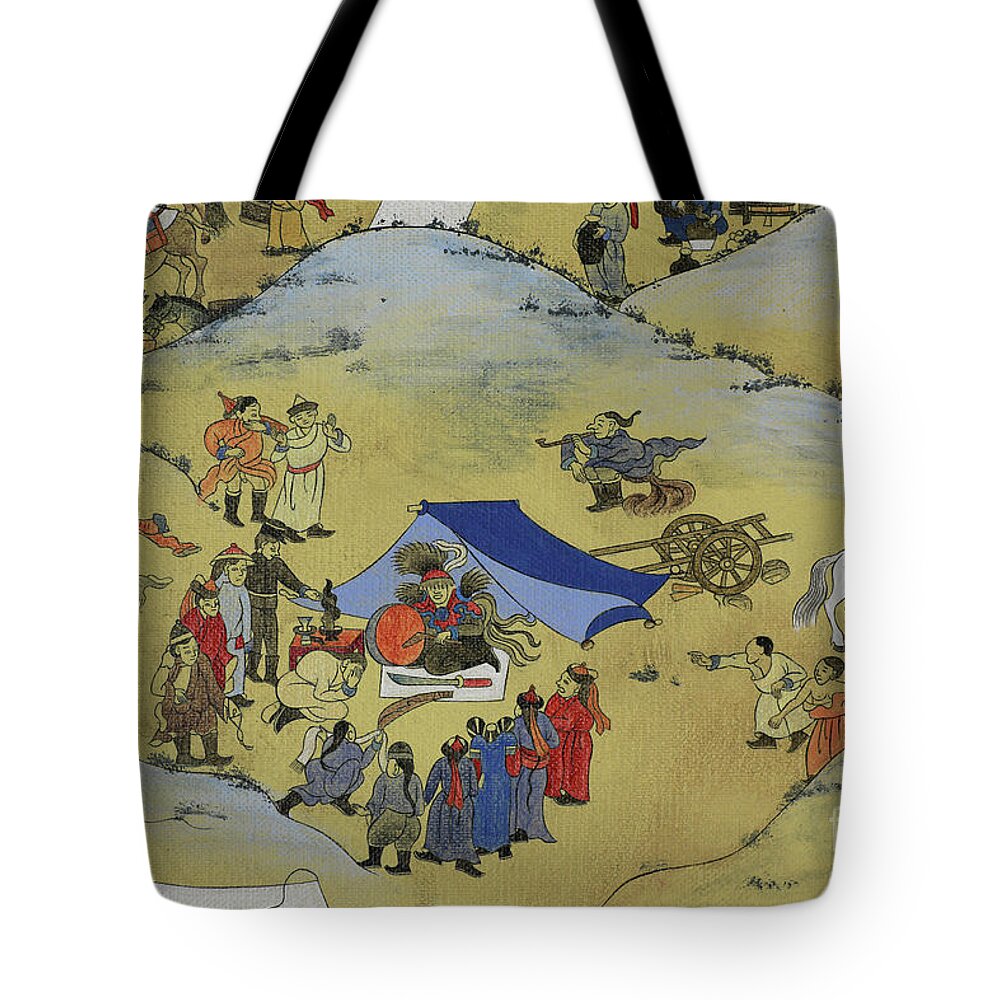 Mongolian Tote Bag featuring the painting Part of One day in Mongolia by Solongo Chuluuntsetseg