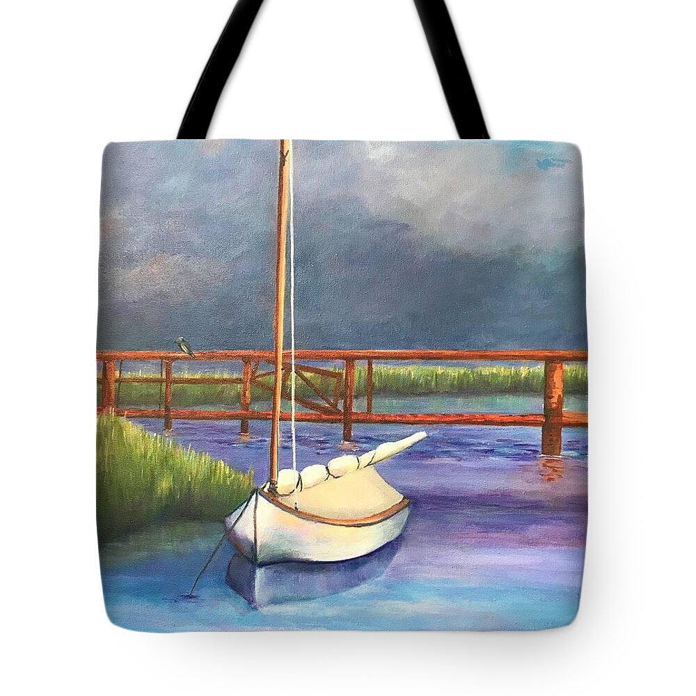 Nautical Tote Bag featuring the painting Passing Storm at the Mooring by Deborah Naves